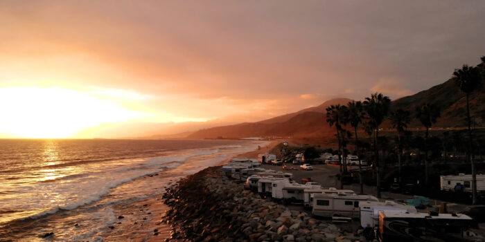 sunset over coastal campsites on the west coast