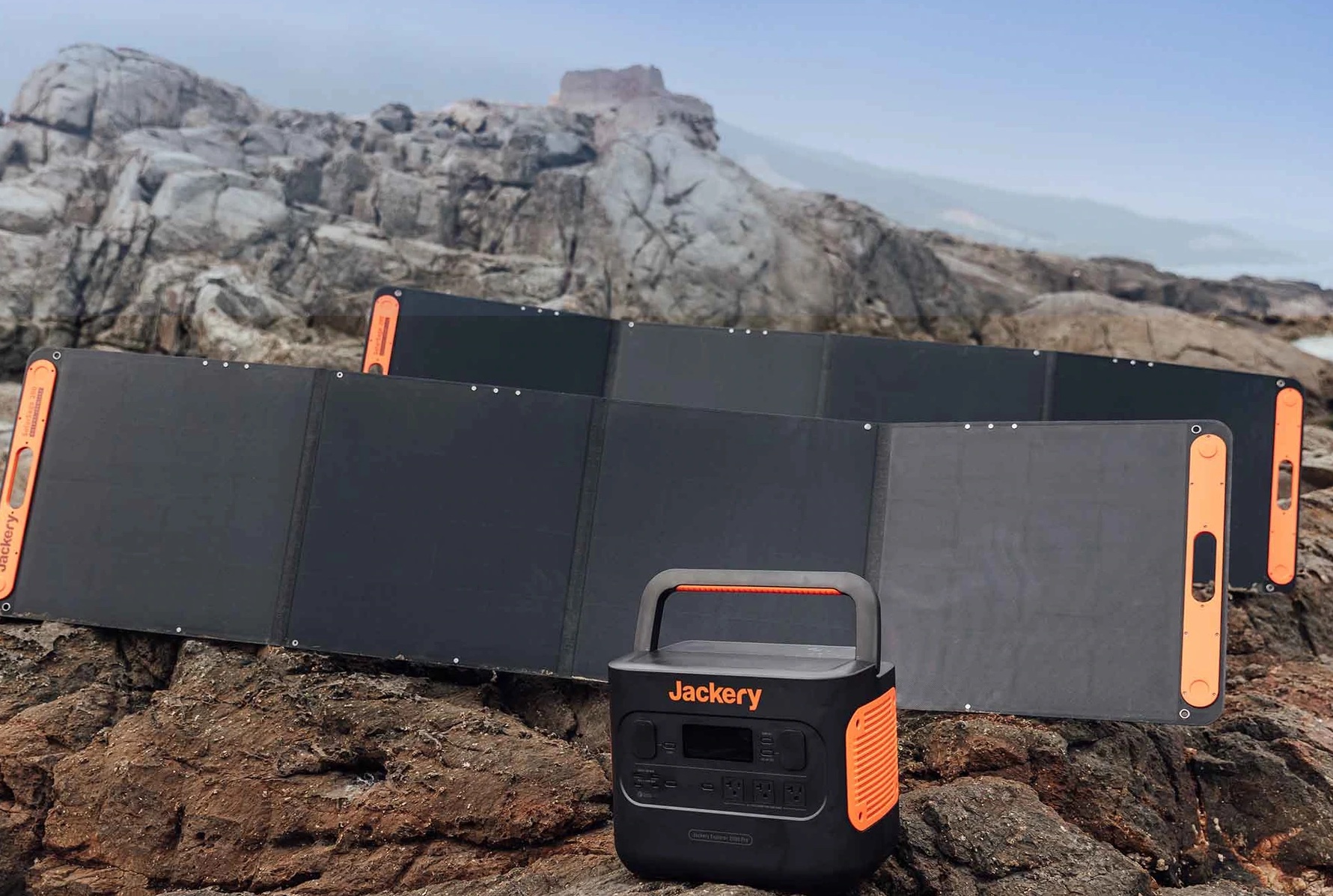 Jackery Solar Saga Panels with power pack on a rocky slope