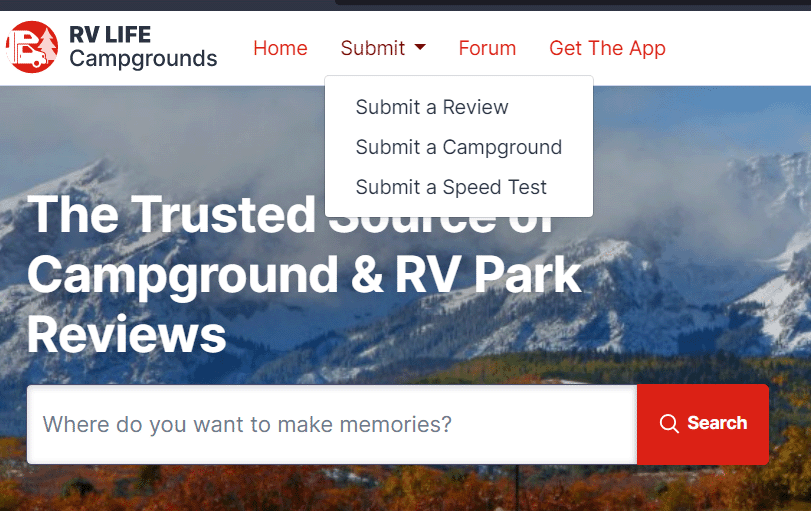 RV LIFE Campgrounds with the Submit drop-down box on the menu showing.