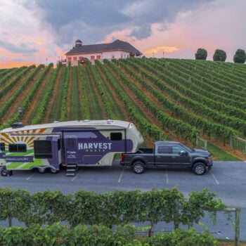 5th wheel in a harvest hosts vineyard parking lot