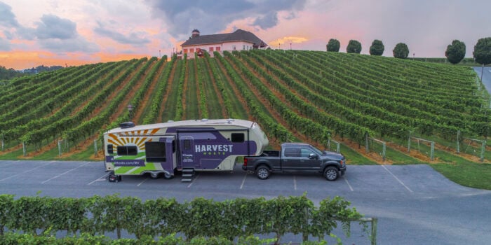 5th wheel in a harvest hosts vineyard parking lot