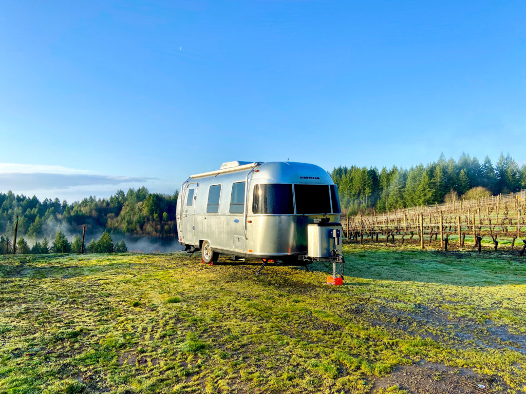 Airstream travel trailer parked at a harvest hosts winery