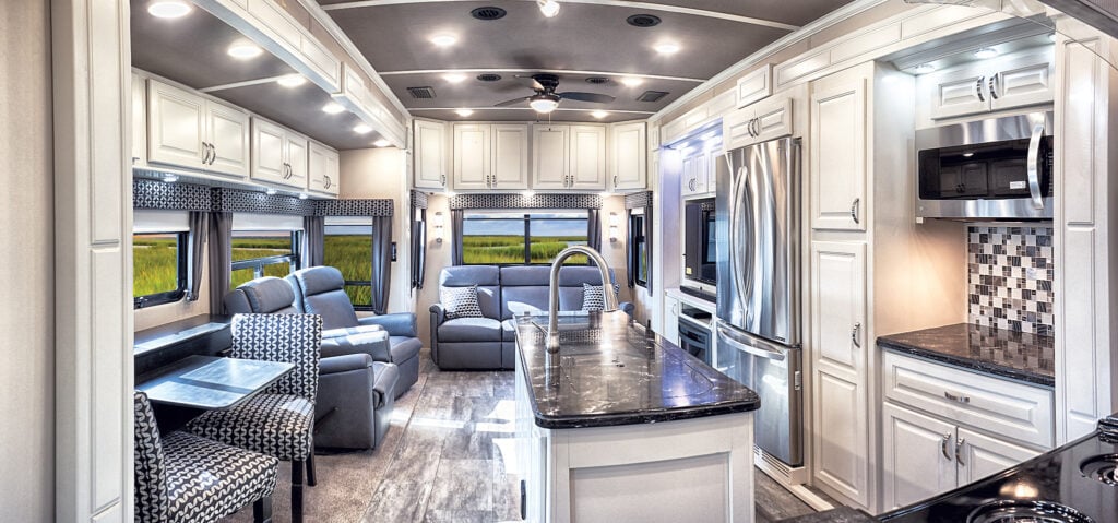Interior image of a fifth wheel trailer shows how luxurious RVs cam be