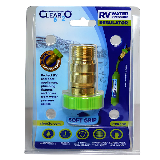 A clear2o water pressure regulator to regulate flow into the rv fresh water tank