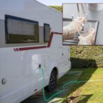 An RV with water hose connected to the RV fresh water tank