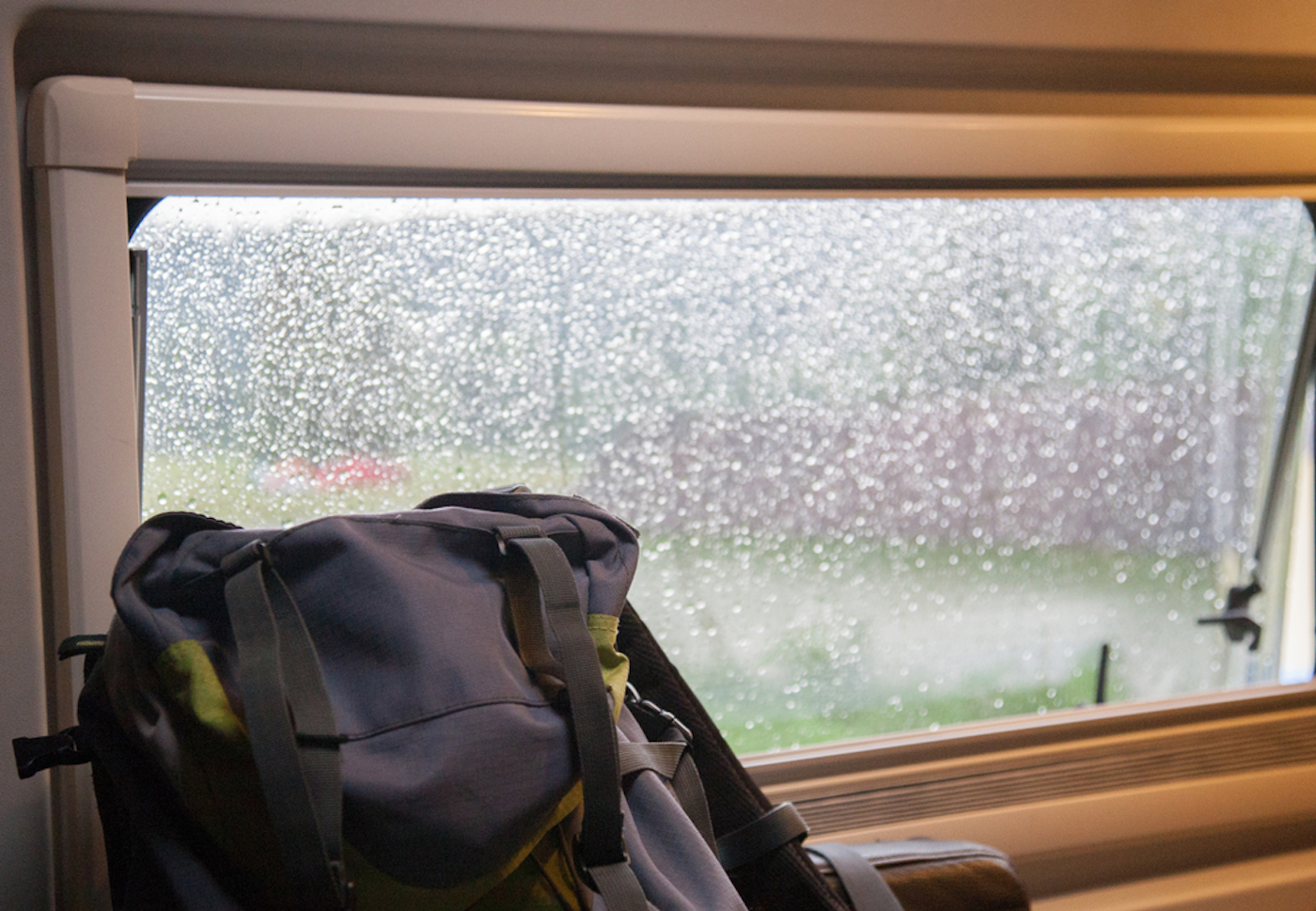 backpack in front of rv foggy window