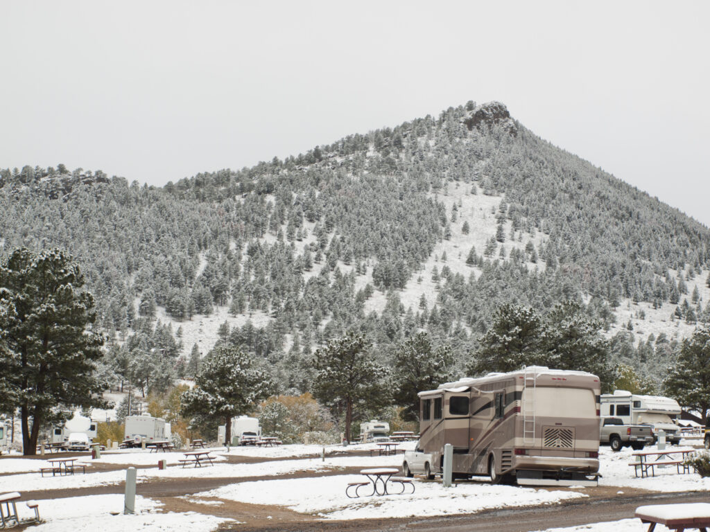 RV in winter campsite - image for ways to stay warm without electricity