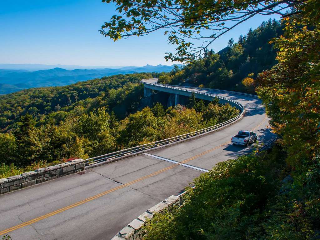 A truck driving on the Blue Ridge Parkway