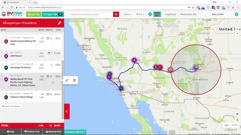 RV trip wizard route on map - image for road trip ideas guide