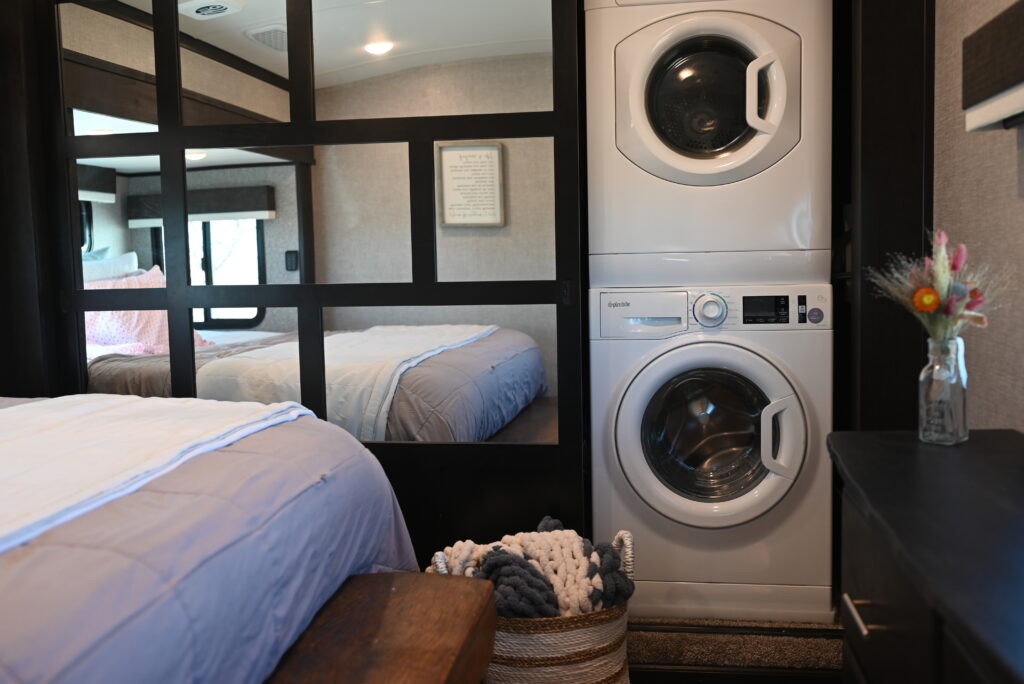 washer dryer in RV, residential items in an RV