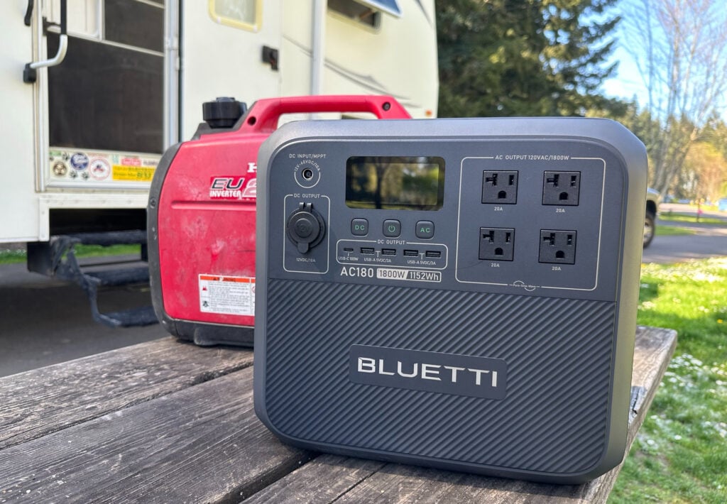Bluetti AC180 portable power station versus gas powered Honda generator.