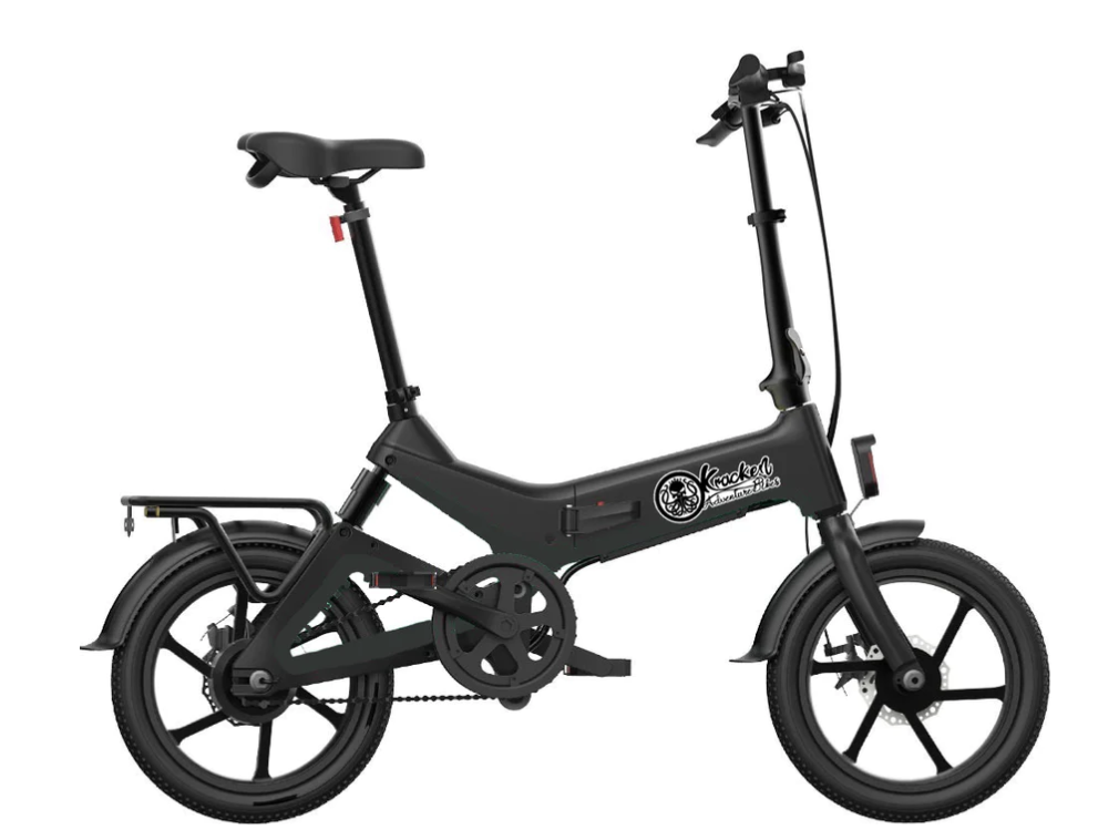 a black, lightweight, folding electric bicycle.