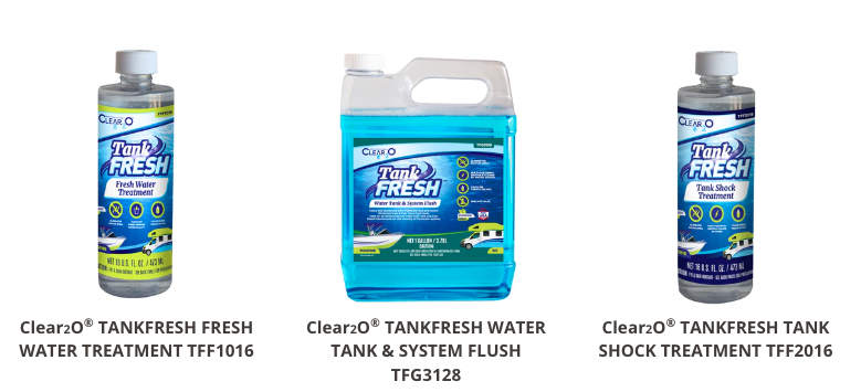 3 TankFRESH products from Clear2O lined up on white background all designed for RV Fresh Water Tanks