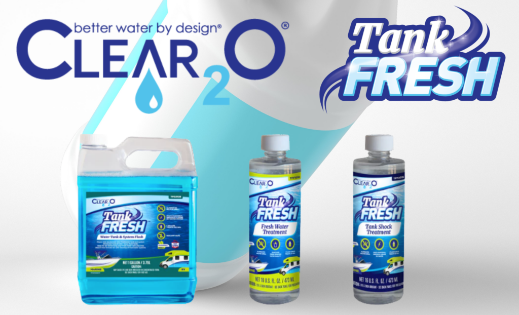 TankFRESH product lineup against a bleach bottle background