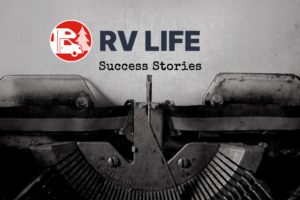 typewriter typing the words "success stories" with RV LIFe logo