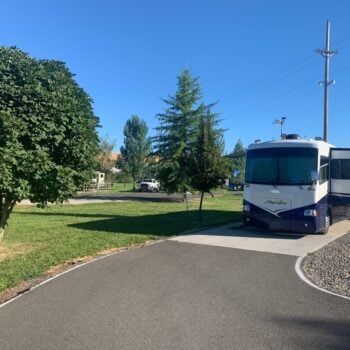 A motorhome in an RV site at Scenic Six Park in Idaho.