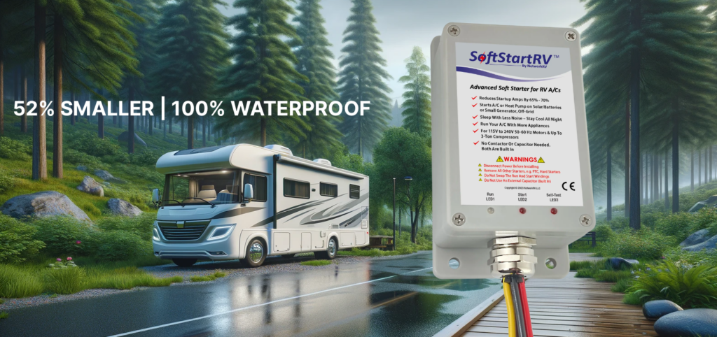 class a motorhome in wet campground with softstart rv image overlaid