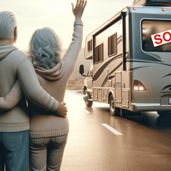 couple that has chosen to settle down waves goodby to new owners of their motorhome.