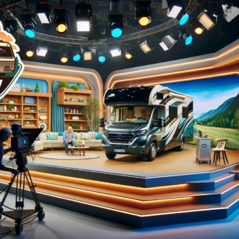 RVTV logo overlays a tv studio stage with an rv