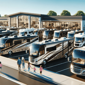 RV dealer parking lot filled with affordable Class A motorhomes for sale