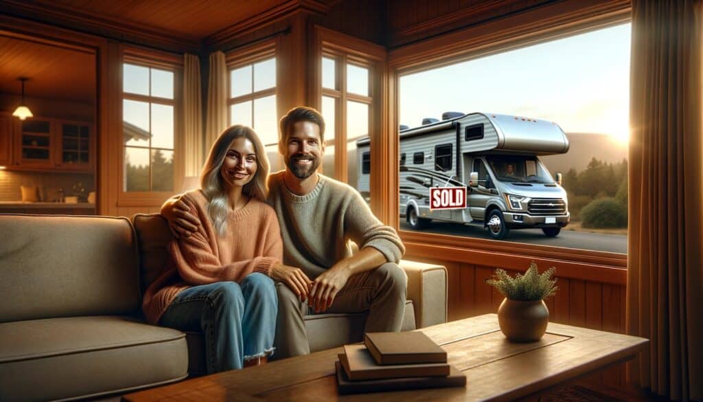 A couple sits in their home to settle down after selling their RV, visible through their window.