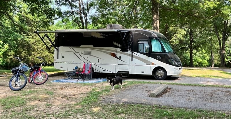 white and black Class A camper in campground site with black dog outside