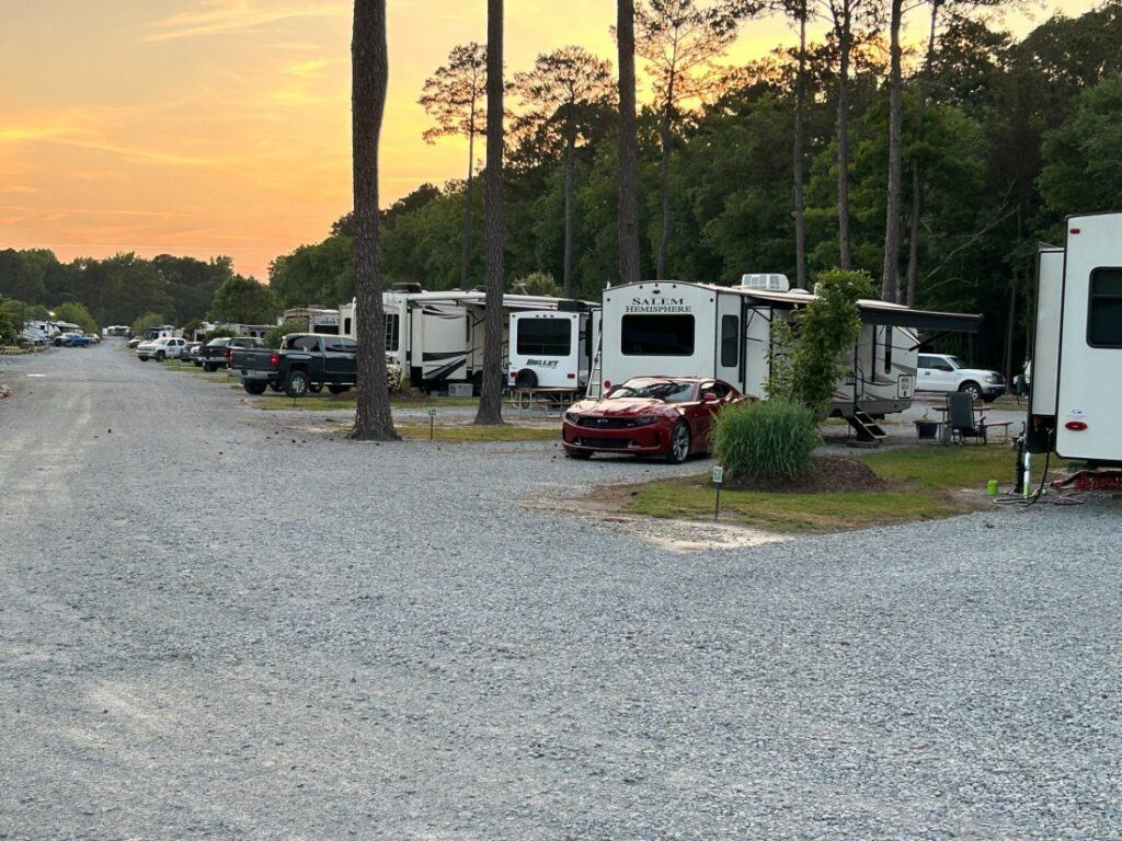 Several campsites with RVs and cars at the top-rated RV campground, Raleigh Oaks RV Resort.