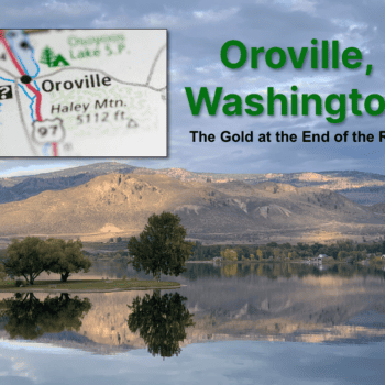 Lakeside view of Oroville, WA with map and text overlaid.