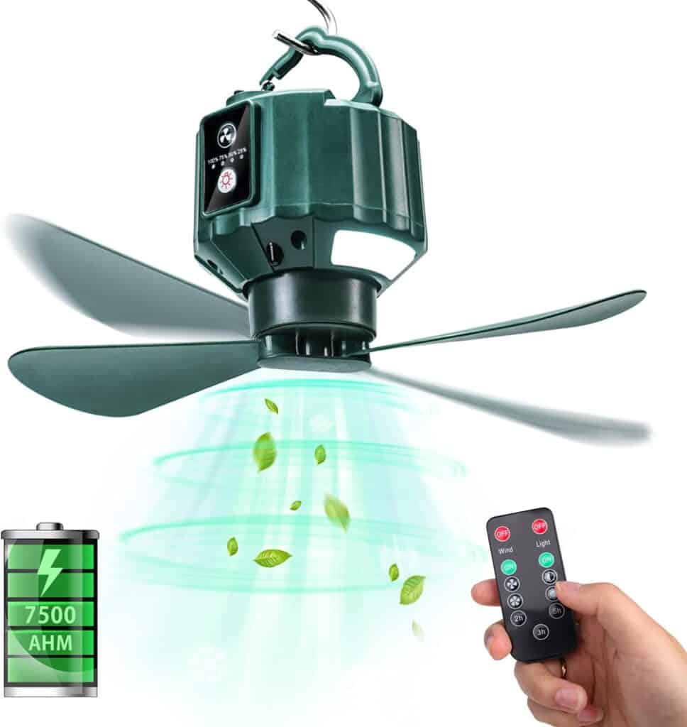 The Dukuseek ceiling fan spinning in front of a hand working the remote. Photo courtesy Amazon.com.