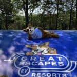 Great Escapes mascot on giant bounce pad. Photo: Great Escapes RV Resort Branson