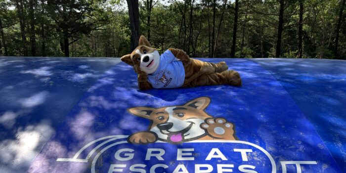 Great Escapes mascot on giant bounce pad. Photo: Great Escapes RV Resort Branson