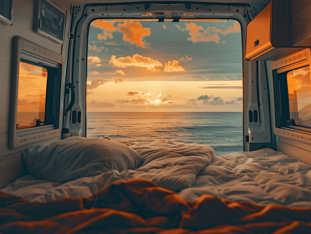 Viscosoft topper let's you sleep in your RV wherever you are, like this camper van near the ocean.