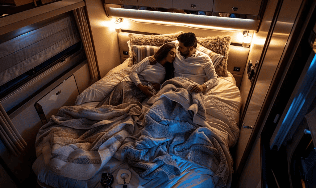 Couple enjoys sleep in their motorhome with a Viscosoft topper.